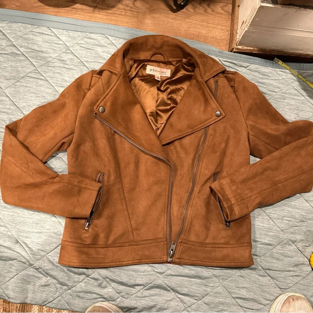 PHILOSOPHY XS WOMENS JACKET FAUX LEATHER BROWN EXCELLENT CONDITION